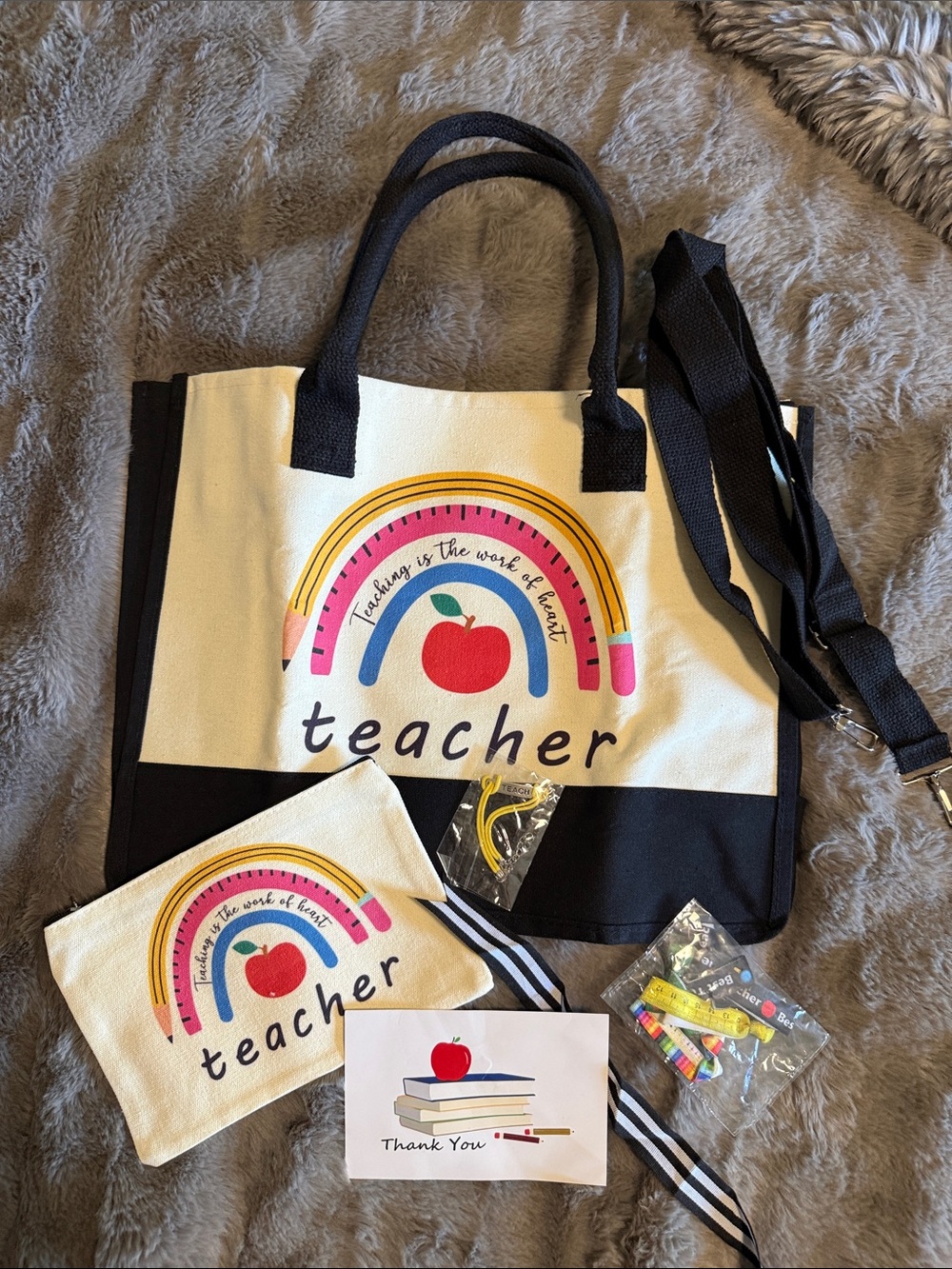 Teacher Canvas Tote and Pouch Set in Cream and Black